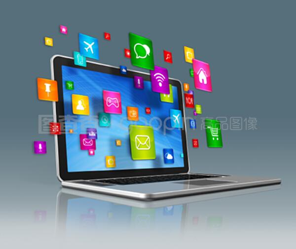 灰色背景下的筆記本電腦與飛行應(yīng)用程序圖標 計算機應(yīng)用的智能化變革